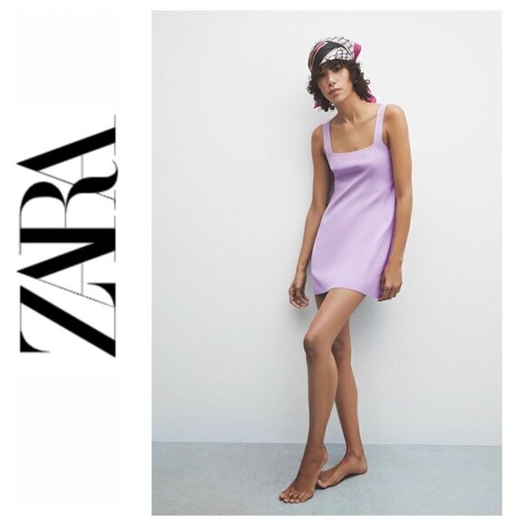 Zara Lilac Mod Shift Square Neckline Knit Mini Dress with Straps, Size Medium - Picture 1 of 11